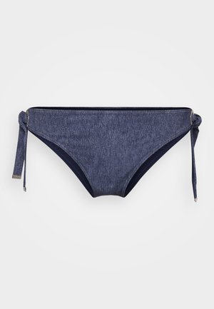 Navy blue bikini bottom with a textured finish, featuring tie sides and silver accents. Smooth interior lining, medium coverage design.