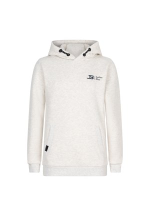 Hellbeige Kapuzenpullover mit Kordelzug, Kängurutaschen und kontrastierenden Rippbündchen. Mit einem bedruckten Logo auf der Brust.
