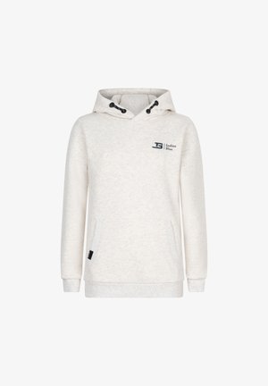 Sweat à capuche beige clair avec un cordon de serrage, poches kangourou et poignets côtelés contrastés. Présente un logo imprimé sur la poitrine.
