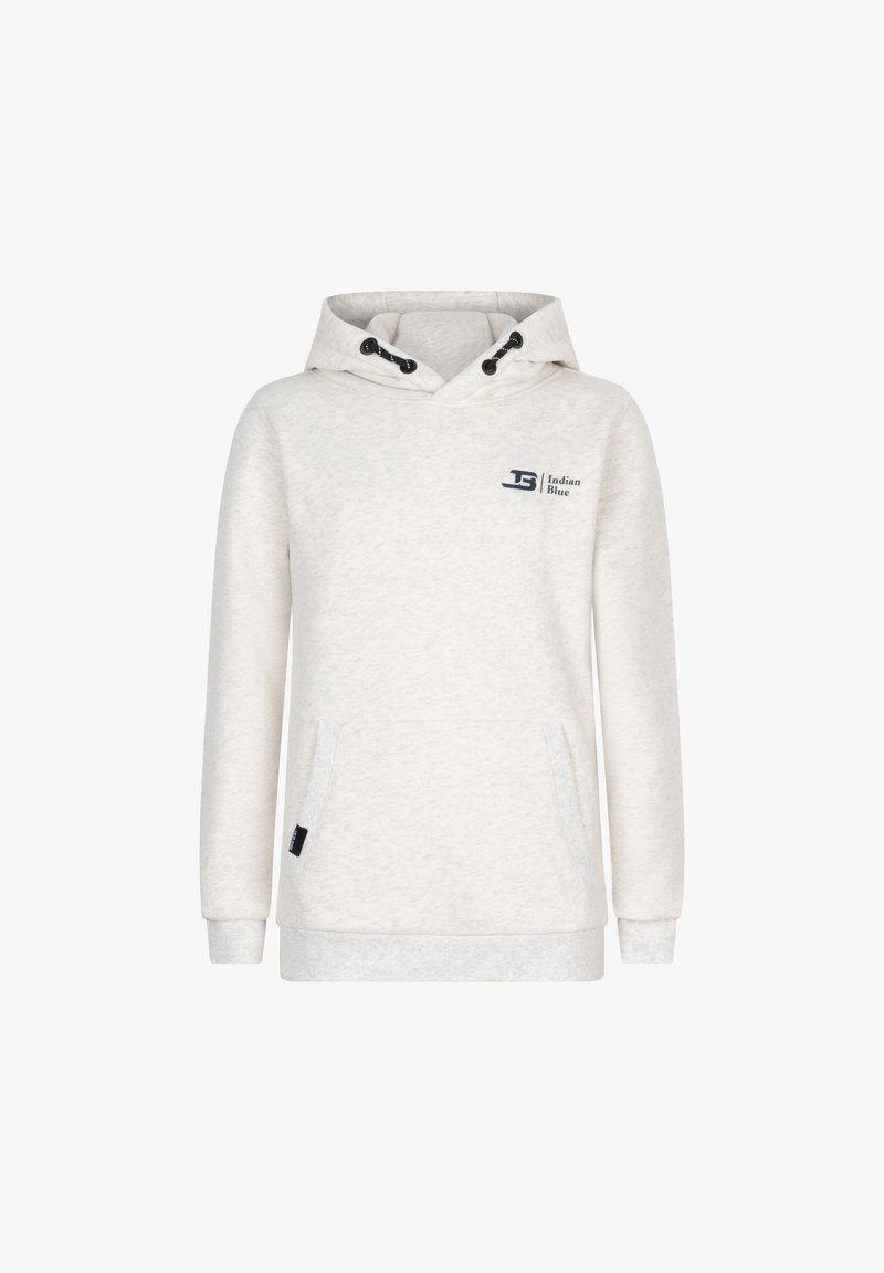 Hellbeige Kapuzenpullover mit Kordelzug, Kängurutaschen und kontrastierenden Rippbündchen. Mit einem bedruckten Logo auf der Brust.