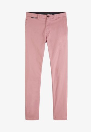 Roze katoenen broek met een smalle pasvorm, voorzien van voorzakken, een knoop- en ritssluiting, en een donkere tailleband met een label.