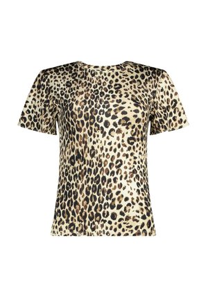 Maglietta a maniche corte con scollo a girocollo, sfondo beige e fantasia maculata irregolare nera e marrone.