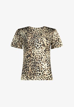 T-shirt à manches courtes col rond avec fond beige et motif léopard irrégulier noir et marron.