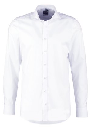 Witte blouse met lange mouwen, gemaakt van gladde stof. Heeft een klassieke kraag, een knoopsluiting aan de voorkant en knoopmanchetten. Schoon, strak ontwerp.