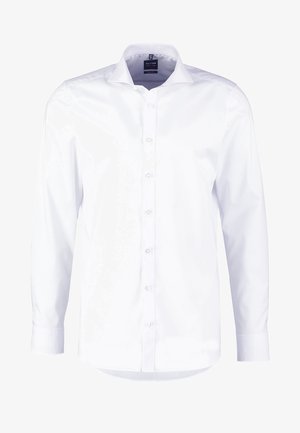 Chemise blanche à manches longues en tissu lisse. Dotée d'un col classique, d'une patte de boutonnage à l'avant et de poignets à boutons. Design épuré et net.