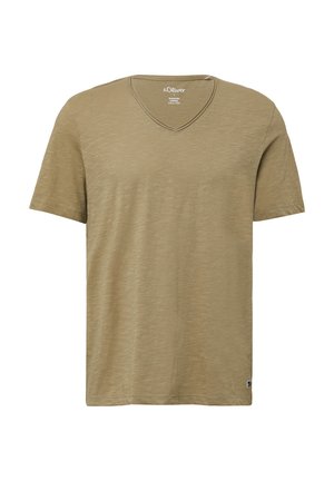 Khaki krótki rękaw T-shirt w serek wykonany z lekkiego materiału. Posiada subtelną fakturę i małą metkę z logo na lewej krawędzi.
