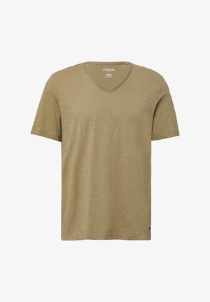 Khaki krótki rękaw T-shirt w serek wykonany z lekkiego materiału. Posiada subtelną fakturę i małą metkę z logo na lewej krawędzi.