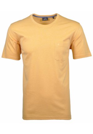 Tricou cu mânecă scurtă și guler rotund, de culoare galben deschis, din bumbac, având o buzunar pe pieptul stâng și guler în contrast albastru.