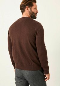Brown sweater with a round neckline, ribbed cuffs, and hem. The fabric appears soft, with a smooth texture. Worn over grey patterned trousers.