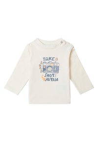 Cremfarbendes Langarmshirt mit einem Kameragraphik und dem Text "Mach einen Schnappschuss der Natur." Weiches Baumwollmaterial mit Rundhalsausschnitt.