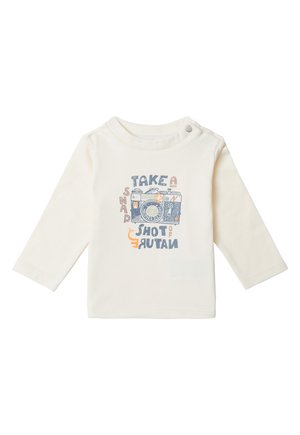 Cremfarbendes Langarmshirt mit einem Kameragraphik und dem Text "Mach einen Schnappschuss der Natur." Weiches Baumwollmaterial mit Rundhalsausschnitt.