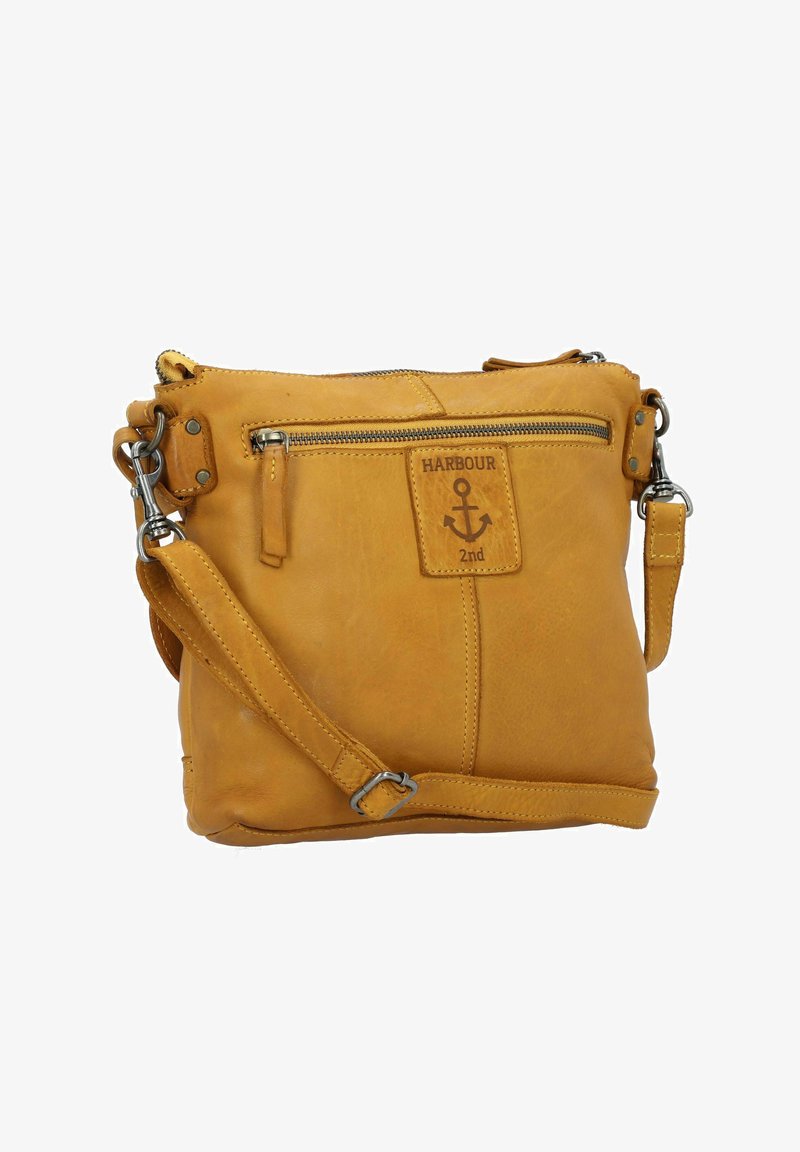 Yellow leather crossbody bag with a zipper pocket, adjustable strap, embossed logo, and a small anchor design for added detail.