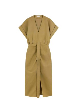 Khaki sukienka z dekoltem w serek, krótkimi rękawami i talią podkreśloną paskiem. Posiada rozcięcie z przodu oraz gładki, teksturowany materiał. Minimalistyczny design.