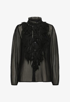 Black lightweight blouse with a high ruffled collar and layered ruffle detailing down the front. Features button closure and long sleeves.