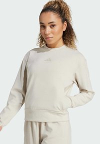 Helle beige Sweatshirt mit langen Ärmeln, Rundhalsausschnitt und einem dezenten Logoakzent auf der Brust. Weicher Stoff und gerippte Bündchen am Saum.