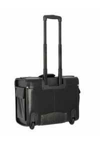 Black wheeled suitcase with a retractable handle, smooth leather exterior, front pocket detail, and textured bottom for stability.