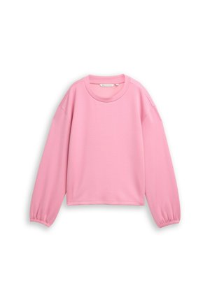 Różowa bluza z długim rękawem, okrągłym dekoltem, elastycznymi mankietami, luźnym krojem i gładkim wzorem na białym tle.