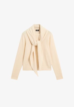 Cream lightweight sweater with a shawl collar and knotted front detail. Features long sleeves and ribbed hem for a structured fit.