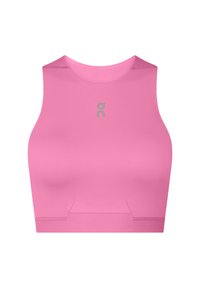 Top de sport rose, sans manches, court, avec un col haut et un petit logo réfléchissant centré sur la poitrine.