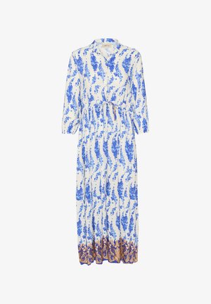 Rochie lungă, albă, cu modele florale albastre și un bordură aurie ornamentată la tiv. Prindere cu nasturi în față, cu un cordon în talie și mâneci trei sferturi.