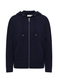 Haut à capuche zippé bleu marine avec capuche à cordon de serrage, poches avant, accents côtelés et texture lisse, présentant un zip en métal.
