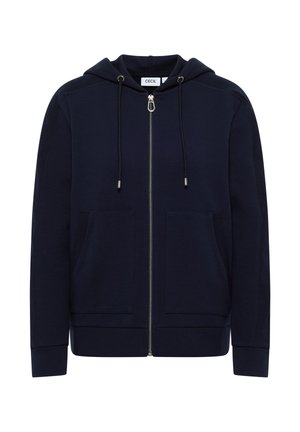 Navy zip-up hoodie with a drawstring hood, front pockets, ribbed accents, and a smooth texture, featuring a metal zipper detail.