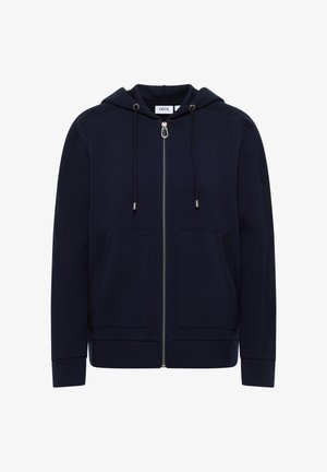 Marinefarbener Reißverschluss-Hoodie mit Kordelzugkapuze, Fronttaschen, gerippten Akzenten und glatter Textur, ausgestattet mit einem metallenen Reißverschlussdetails.