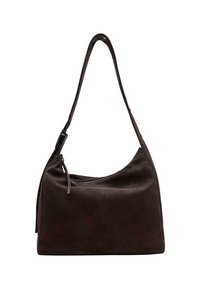 Borsa a spalla in pelle marrone scuro con una texture liscia, una lunga tracolla e chiusura con zip. Caratterizzata da un design minimalista e una leggera lucentezza.