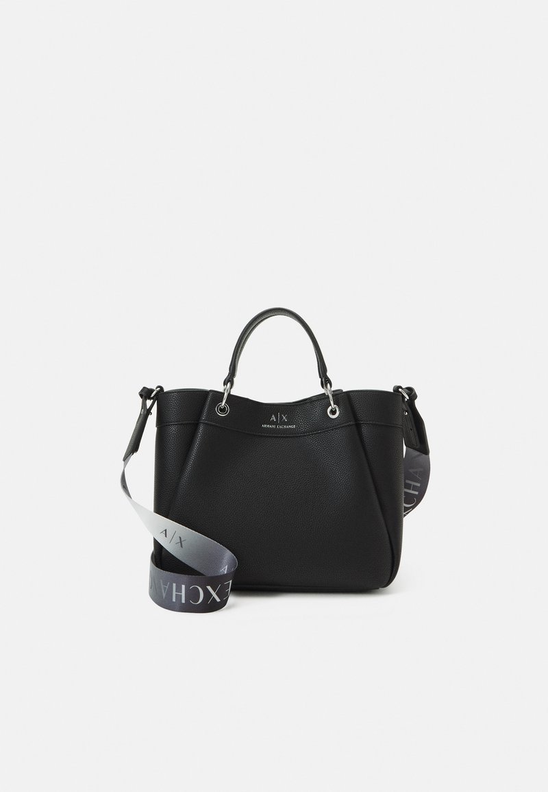 Schwarze Ledertasche mit strukturiertem Finish, doppelte obere Griffe und abnehmbarer Tragegurt mit bedruckten Akzenten.