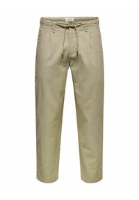 Beige, leichte Hose mit Kordelzugbund, vorderen Falten und umgeschlagenen Säumen. Hergestellt aus weichem Stoff mit glatter Textur.