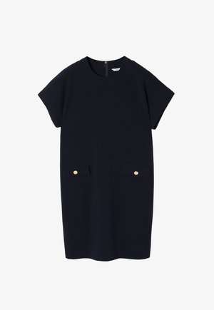 Navy blauwe jurk met korte mouwen, ronde halslijn, twee voorkruiszakken met gouden knoopaccenten en een ritssluiting aan de achterkant. Glad textuur.