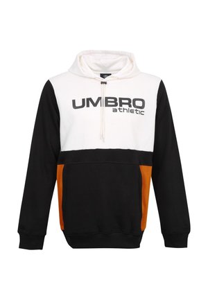 Sweat à capuche avec partie supérieure blanche, partie inférieure noire, panneaux latéraux orange et texte « "UMBRO athletic" » sur la poitrine.