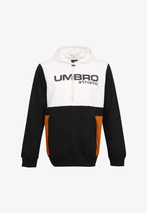 Sweat à capuche avec partie supérieure blanche, partie inférieure noire, panneaux latéraux orange et texte « "UMBRO athletic" » sur la poitrine.