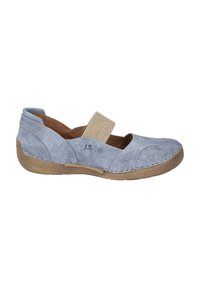 Blaue Wildlederschuhe mit runder Zehe, elastischem Riemen und braunem Gummisohle. Verfügt über dekorative Nähte und ein geschwungenes Design.