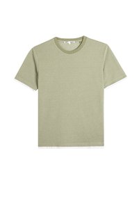 Kortærmet T-shirt i blødt lysegrønt stof med rund halsudskæring og kontrasterende hvide detaljer ved ærmeenderne.