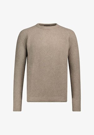 Pull beige à côtes avec des manches longues, un col rond et des poignets ajustés. Tissu texturé avec des rayures verticales sur l'ensemble du vêtement.
