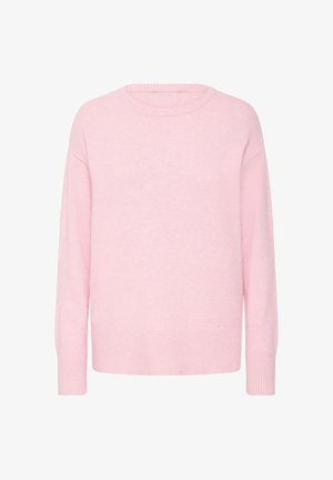 Pull en tricot rose avec un col rond, des manches longues et des bords côtelés. Texture douce, coupe décontractée et sans motifs ni accents visibles.