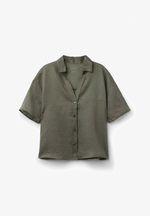 Kurzarm-Hemd mit Knopfleiste aus olivgrünem Leinen. Hat einen Kragen, eine lockere Passform und fünf braune Knöpfe auf der Vorderseite, strukturiertem Stoff.