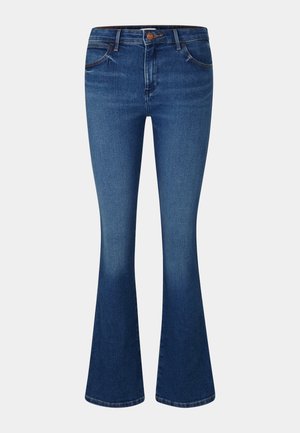 Fitted flared jeans in dark blue denim with a mid-rise waist, five-pocket design, and contrasting stitching along the seams.
