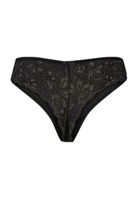 Svart blondtruse med intrikate blomsterdesigner, med en solid svart stoffbase og en glatt, semi-transparent tekstur foran.