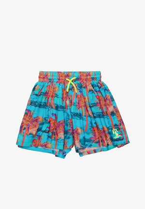 Pantaloncini da bagno blu con stampa di palme arancioni, vita elastica, coulisse gialla e piccolo logo sulla gamba sinistra.