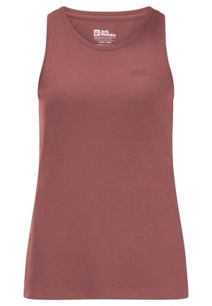 Damski sportowy top na ramiączkach w kolorze pudrowego różu z okrągłym dekoltem i małym logo Jack Wolfskin na piersi.