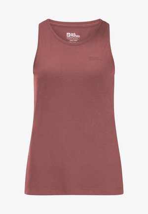 Dames sporttop zonder mouwen in dusty roze met ronde hals en klein Jack Wolfskin-logo op de borst.