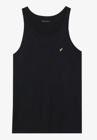 Top sin mangas de algodón negro con cuello redondo, que presenta un pequeño logo de águila dorada en el lado izquierdo del pecho y un ajuste estándar.
