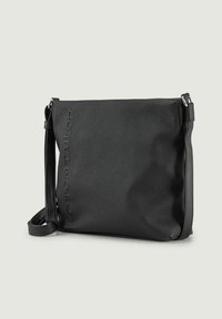 Borsa a tracolla nera realizzata in materiale sintetico texturizzato, dotata di chiusura a zip, tracolla regolabile e logo impresso sulla parte anteriore.