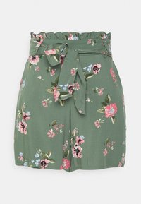Květinové šortky z zelené látky se shromážděným pasem a detailem na zavazování. Vyznačují se vzory růžových, modrých a bílých květin. Lehká a hladká textura.