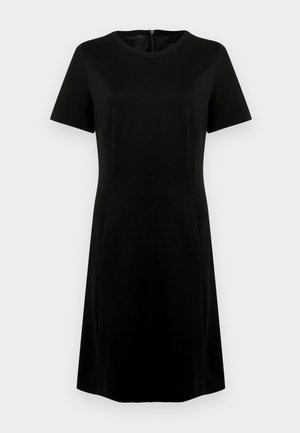Black dress with short sleeves, round neckline, and a smooth texture. Features a subtle A-line shape and a back zip closure.