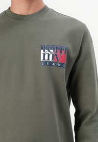 Olivengrøn sweatshirt lavet af blødt stof med rund halsudskæring. Har et rektangulært logo i blå, hvid og rød på venstre bryst.