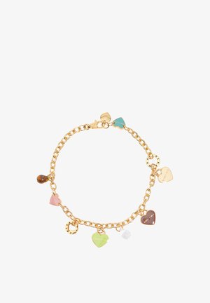 Pulsera de cadena dorada con colgantes coloridos en forma de corazón y redondos, incluyendo piedras y detalles grabados, dispuestos de manera uniforme alrededor de la cadena.