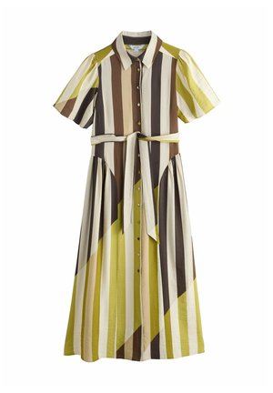 Barna, bézs, krém és sárga-zöld függőleges csíkos ruha, rövid pufi ujjakkal, gombos elöl, gallérral és megkötős derékövvel.
